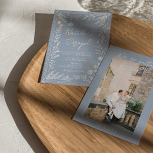 Boho Azure Blue Floral Botanical Photo Fun Wedding Invitation