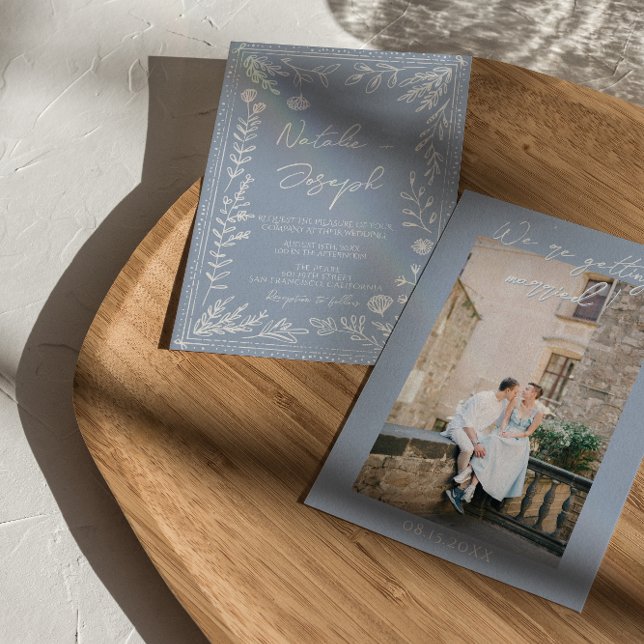 Boho Azure Blue Floral Botanical Photo Fun Wedding Invitation (Creator Uploaded)