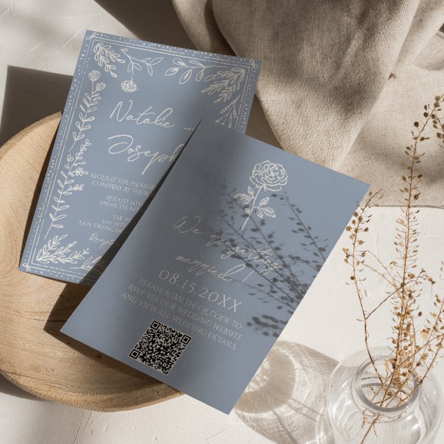 Boho Azure Blue Floral Botanical QR Code Wedding Invitation (Creator Uploaded)