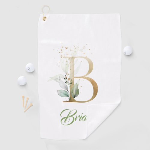 Boho B monogram greenery eucalyptus gold glitter Golf Towel