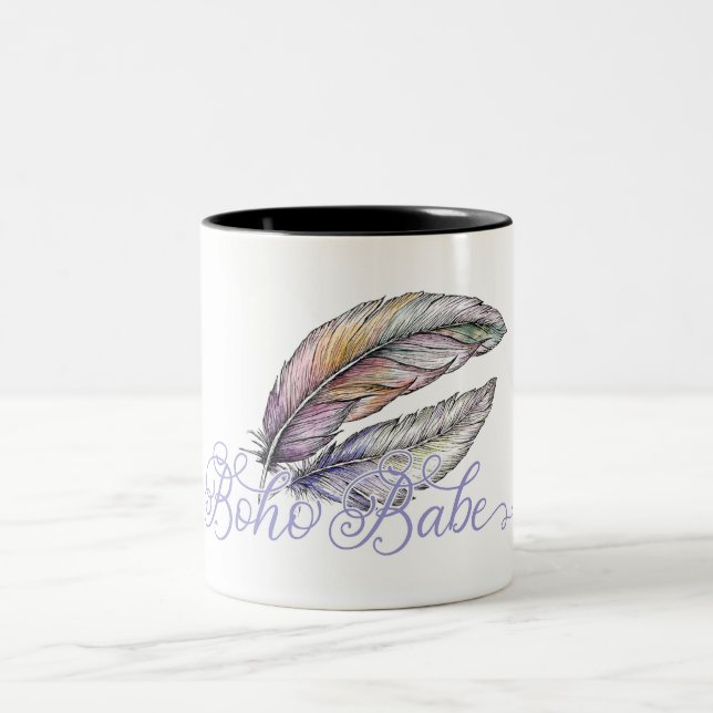 Boho Babe Feathers Bohemian Vibe Trendy Purple Two-Tone Coffee Mug (Center)