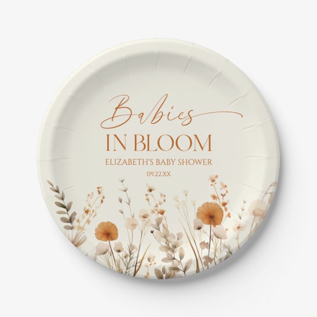 Boho Babies In Bloom Wildflower Twins Baby Shower Paper Plates (Front)