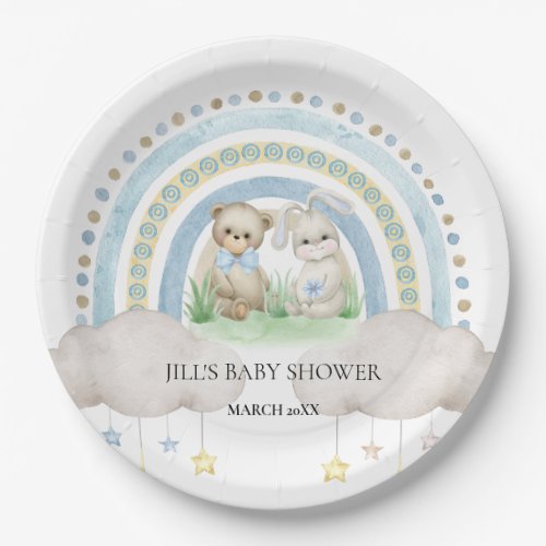 BOHO Baby Bear Bunny Blue Shower  Paper Plates
