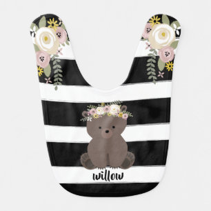 Boho Baby Bear Dusty Floral Stripes Personalized Baby Bib