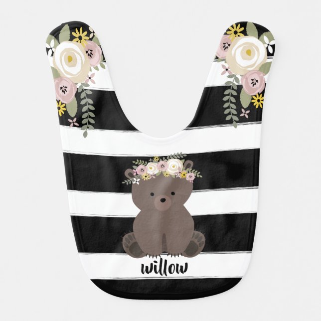 Boho Baby Bear Dusty Floral Stripes Personalized Baby Bib (Front)