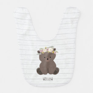 Boho Baby Bear Floral Gray Wood Bib