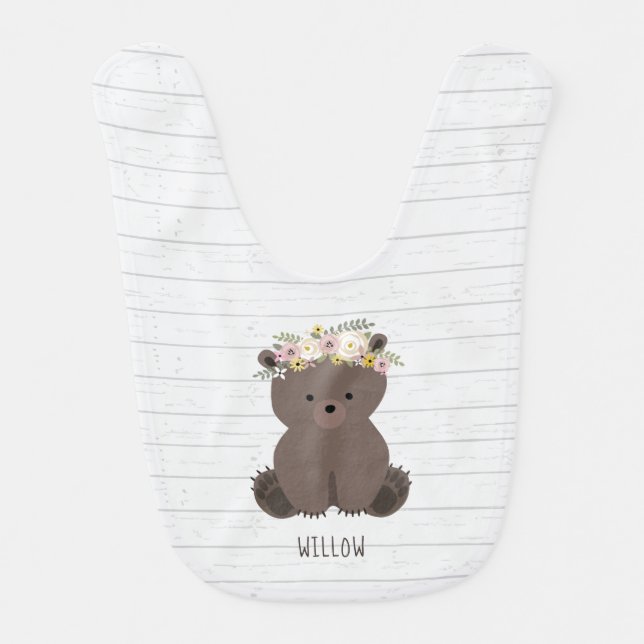 Boho Baby Bear Floral Gray Wood Bib (Front)
