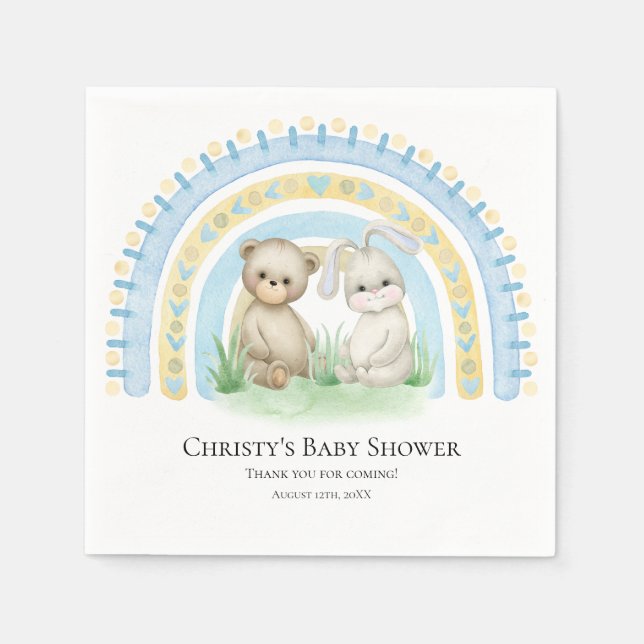 BOHO Baby Bear Rainbow Boy | Baby Shower Napkins (Front)