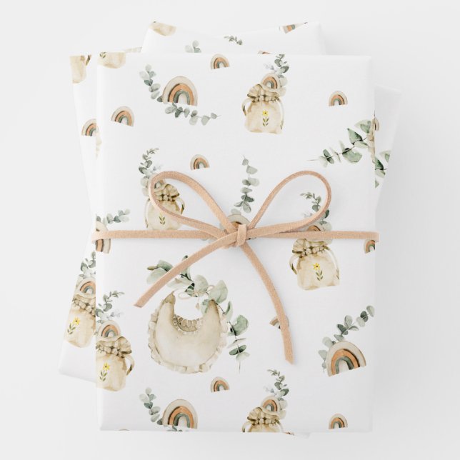 Boho Baby Bibs Rainbows Botanical Greenery Pattern Wrapping Paper Sheets (In situ)