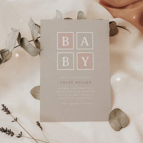 Boho Baby Blocks Dusty Pink Modern Baby Shower  Invitation