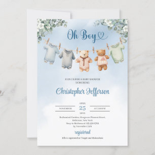 Boho Baby Blue clothes Eucalyptus Baby Shower Boy Invitation