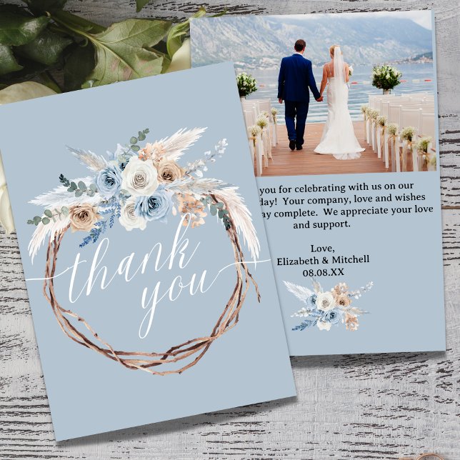 Boho Baby Blue Photo Wedding Thank You Card (Creator Uploaded)