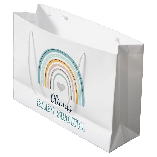 Boho Baby Blue Rainbow Baby Shower Large Gift Bag (Front Angled)