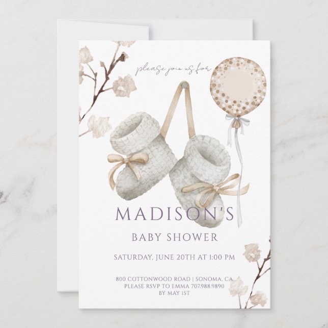 Boho Baby Booties Muted Cream White Baby Shower  Invitation (Front)