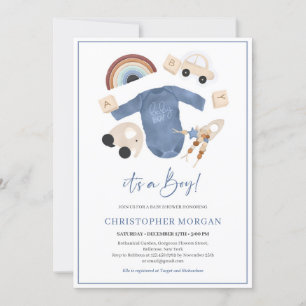 Boho baby boy clothes and wooden toys rainbow invitation