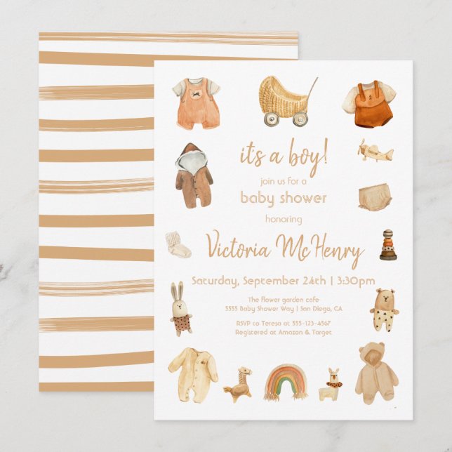Boho Baby Boy Clothes & Toys Baby Shower Invitation (Front/Back)