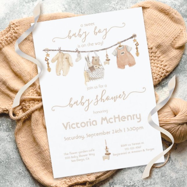 Boho Baby Boy Clothesline Baby Shower Invitation (Creator Uploaded)