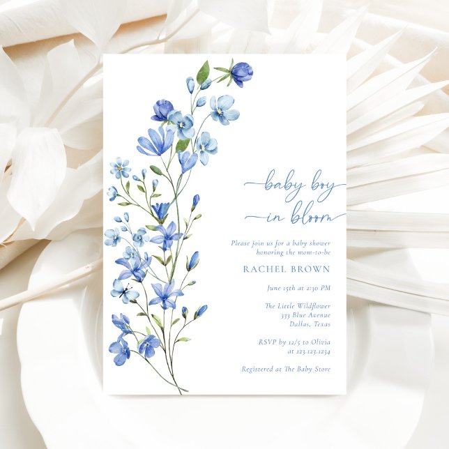 Boho Baby Boy In Bloom Blue Wildflower Baby Shower Invitation (Creator Uploaded)