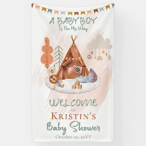 Boho Baby Boy Teepee and Toys Baby Shower Banner