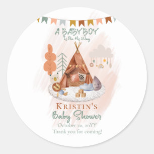 Boho Baby Boy Teepee and Toys Baby Shower Classic Round Sticker