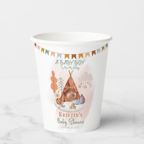 Boho Baby Boy Teepee and Toys Baby Shower Paper Cups