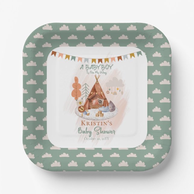 Boho Baby Boy Teepee and Toys Baby Shower  Paper P Plates (Front)