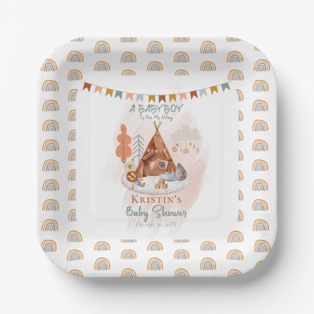 Boho Baby Boy Teepee and Toys Baby Shower  Paper Plates (Front)