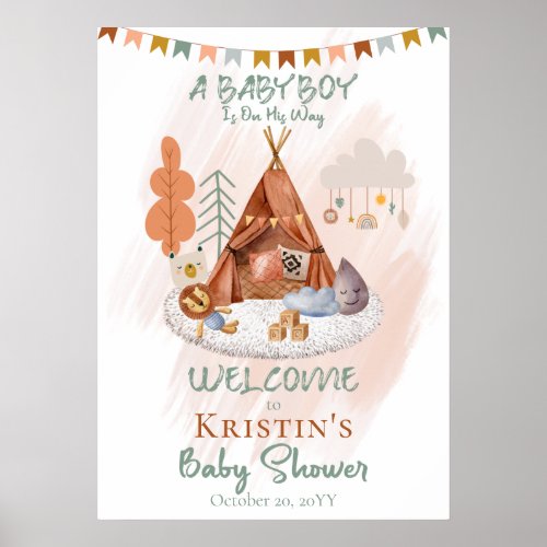 Boho Baby Boy Teepee and Toys Baby Shower Poster
