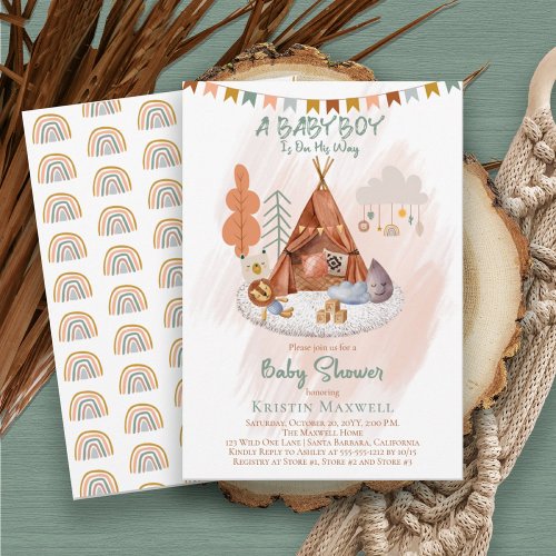 Boho Baby Boy Teepee and Toys Baby Sprinkle Invitation