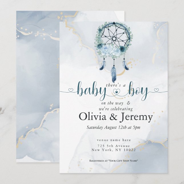 BOHO Baby BoyTeal and Dusty Blue Dreamcatcher Invitation (Front/Back)