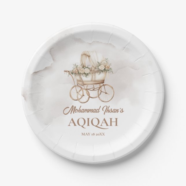Boho Baby Carriage Aqiqah Unisex Muslim Newborn Paper Plates (Front)
