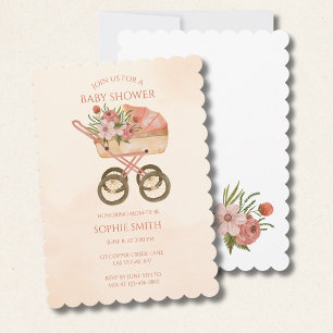 Boho Baby Carriage Watercolor Floral Baby Shower Invitation