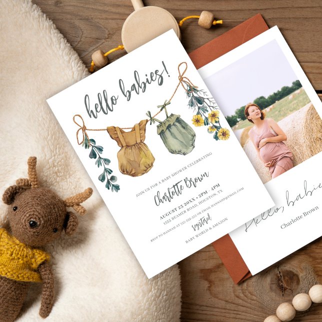 Boho Baby Clothes Flowers Photo Twins Baby Shower Invitation (Creator Uploaded)