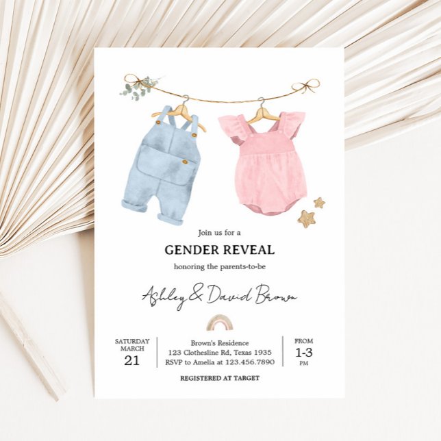 Boho Baby Clothes Gender Reveal Invitation (Boho Baby Clothesline Baby Shower Invitation)