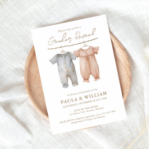 Boho Baby Clothes Gender Reveal Party Invite