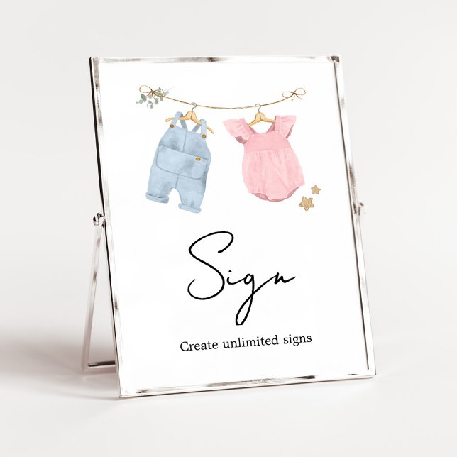 Boho Baby Clothes Gender Reveal Sign (Boho Baby Clothesline Baby Shower Custom Sign)