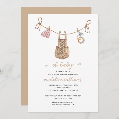 BOHO Baby Clothes Neutral Oh Baby Shower Invitation