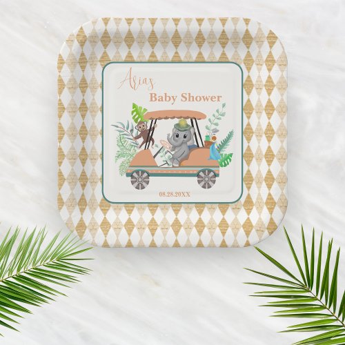 Boho Baby Elephant And Monkey Golf Baby Shower Paper Plates