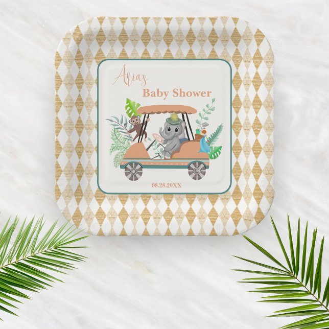 Boho Baby Elephant And Monkey Golf Baby Shower Paper Plates (Creator Uploaded)