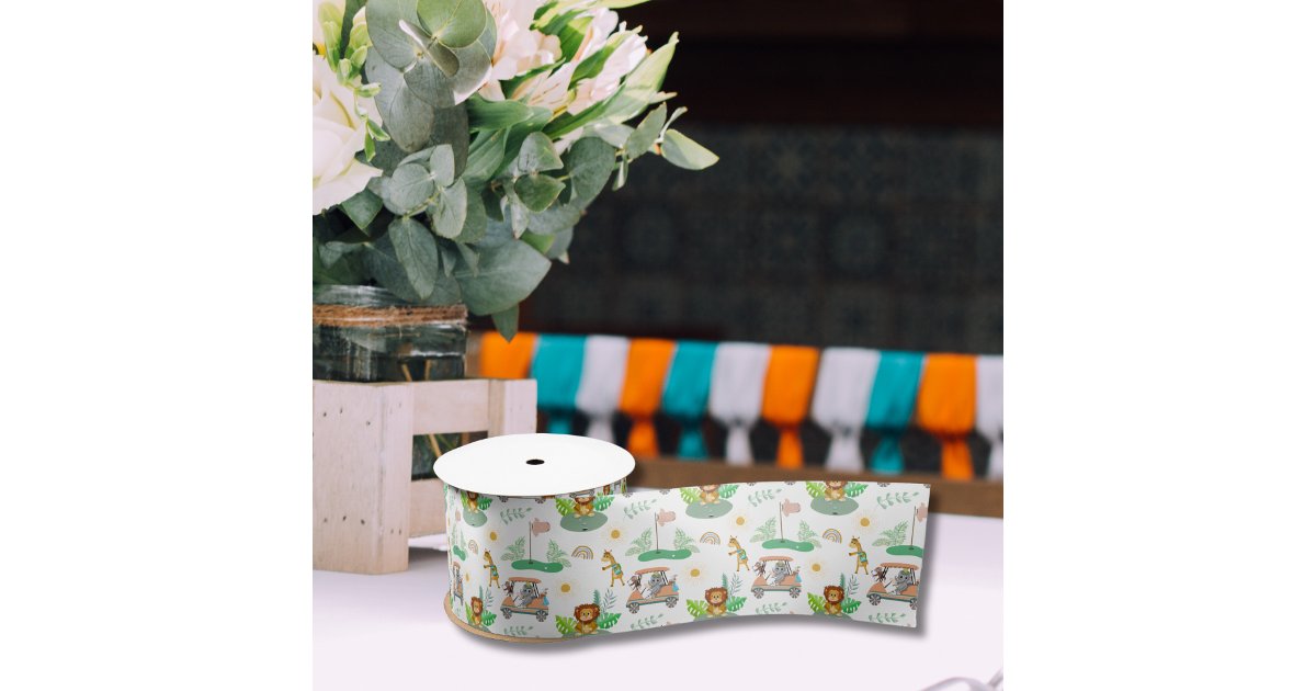 Boho Baby Elephant, Monkey, Lion Golf Baby Pattern Satin Ribbon | Zazzle