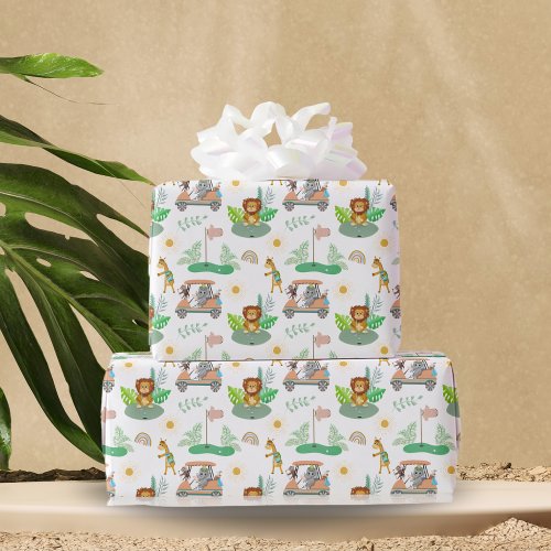 Boho Baby Elephant Monkey Lion Golf Baby Pattern Wrapping Paper