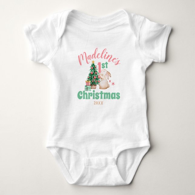 Boho Baby First Christmas with Name Rabbit Tree  Bodysuit (Front)