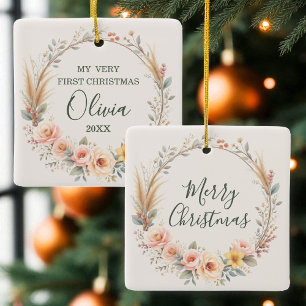 Boho Baby First Merry Christmas Wildflower  Ceramic Ornament