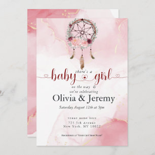 BOHO Baby Girl Pink Dream Catcher Watercolor Wash Invitation