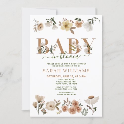 Boho Baby in Bloom Baby Girl Baby Shower Invitation - Create the perfect baby girl baby announcement + baby shower invitation with this modern boho Baby in Bloom floral theme design, featuring hand painted florals decorating the word 'baby'. The back of the card features a matching floral illustration. Contacat designer for matching products. Copyright Elegant Invites, all rights reserved.