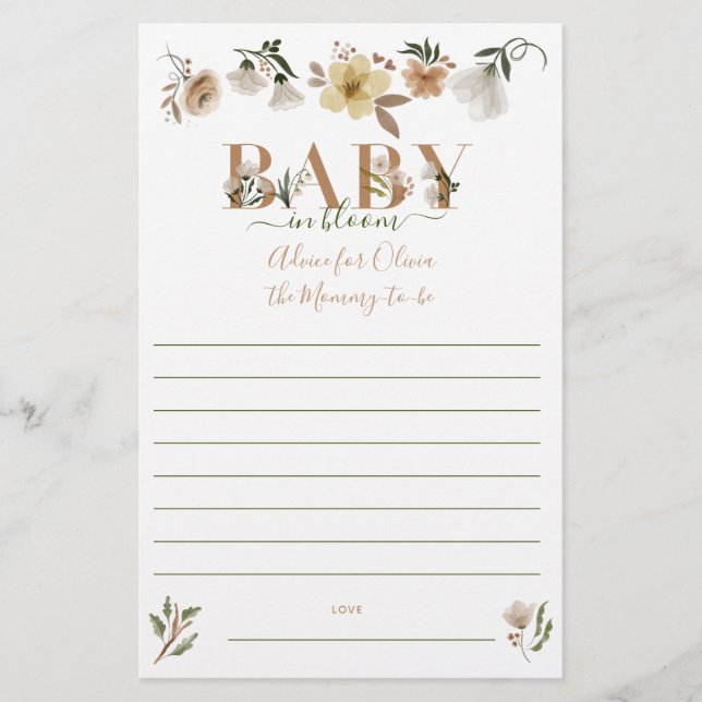 Boho Baby in Bloom Baby Shower Parent Advice Flyer (Front)