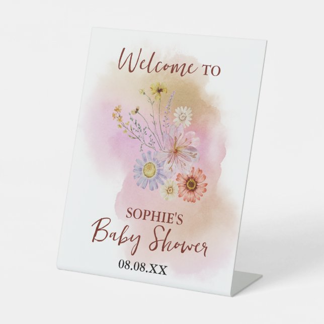 Boho Baby In Bloom Baby Shower Welcome Pedestal Sign (Front)