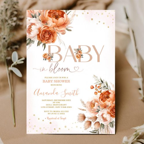 Boho Baby In Bloom Burnt Orange Floral Baby Shower Invitation