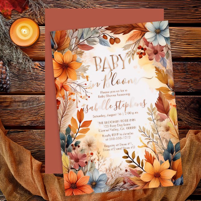 Boho Baby in Bloom Fall Floral Frame Baby Shower Foil Invitation (Boho Baby in Bloom Fall | Autumn Floral Baby Shower Rose Gold Foil Invitation)