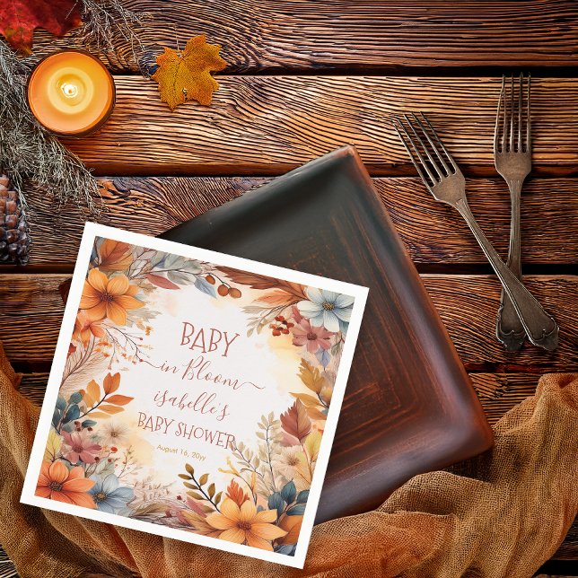 Boho Baby in Bloom Fall Floral Frame Baby Shower Napkins (Boho Baby in Bloom Fall | Autumn Floral Frame Baby Shower Napkins)